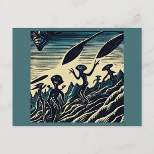 SF - Aliens On A Strange Planet Woodcut 3 Postcard