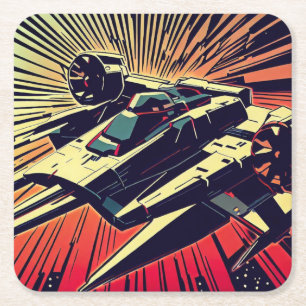 SF - Anime Starfighter Woodcut 1 Square Paper Coaster