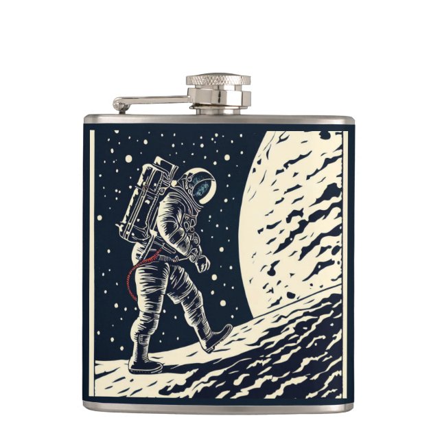 SF - Astronaut on Spacewalk Woodcut 1 Hip Flask (Front)