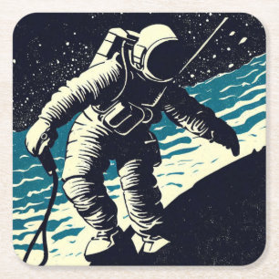 SF - Astronaut on Spacewalk Woodcut 2 Square Paper Coaster
