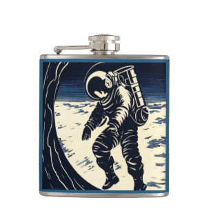 SF - Astronaut on Spacewalk Woodcut 3 Hip Flask