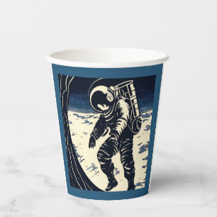 SF - Astronaut on Spacewalk Woodcut 3 Paper Cups