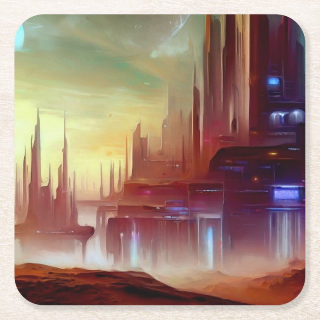 SF City On a Strange Planet 1 Square Paper Coaster (Front)