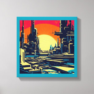 SF Futuristic City Woodcut 1 Canvas Print