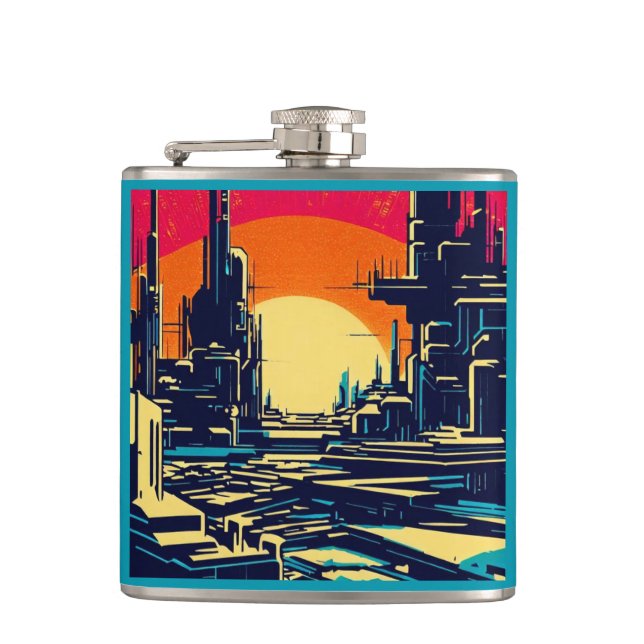 SF Futuristic City Woodcut 1 Hip Flask (Front)