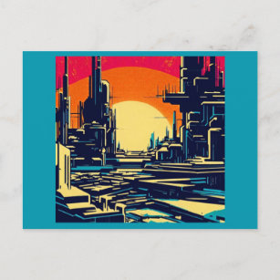SF Futuristic City Woodcut 1 Postcard