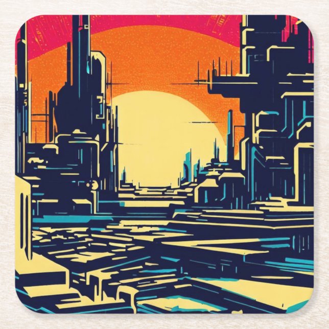 SF Futuristic City Woodcut 1 Square Paper Coaster (Front)