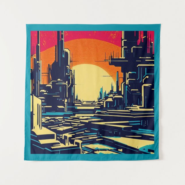 SF Futuristic City Woodcut 1 Tapestry (Front)