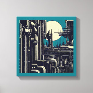 SF Futuristic City Woodcut 2 Canvas Print