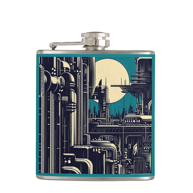 SF Futuristic City Woodcut 2 Hip Flask (Front)