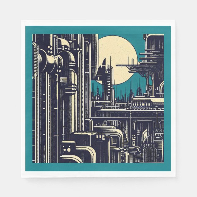 SF Futuristic City Woodcut 2 Napkin (Front)