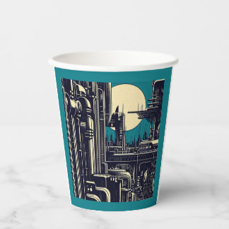 SF Futuristic City Woodcut 2 Paper Cups