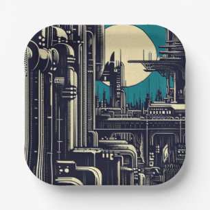 SF Futuristic City Woodcut 2 Paper Plate