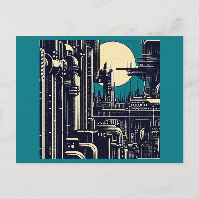 SF Futuristic City Woodcut 2 Postcard (Front)