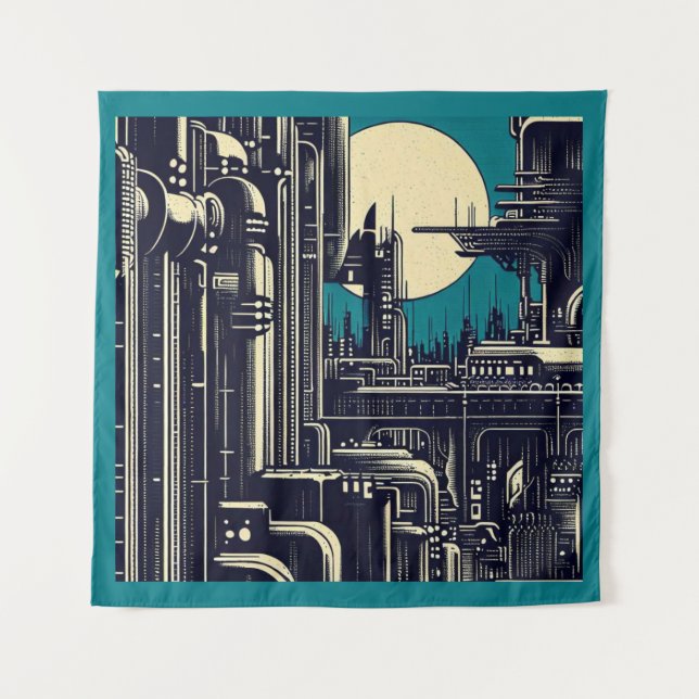 SF Futuristic City Woodcut 2 Tapestry (Front)
