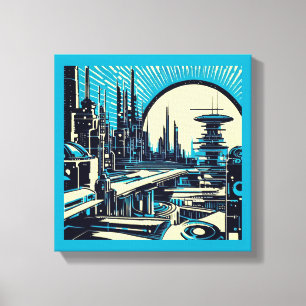 SF Futuristic City Woodcut 3 Canvas Print