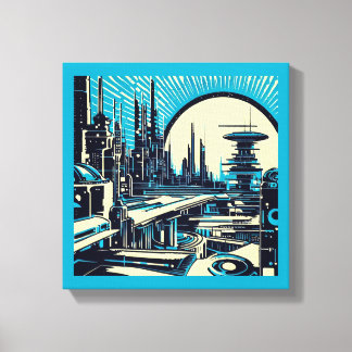 SF Futuristic City Woodcut 3 Canvas Print