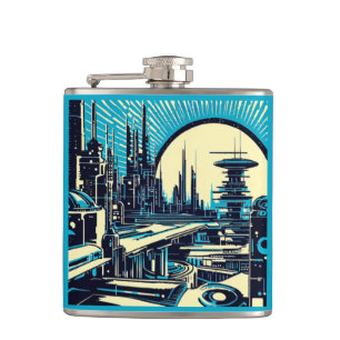 SF Futuristic City Woodcut 3 Hip Flask