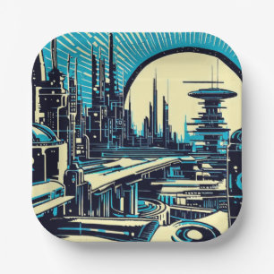 SF Futuristic City Woodcut 3 Paper Plate
