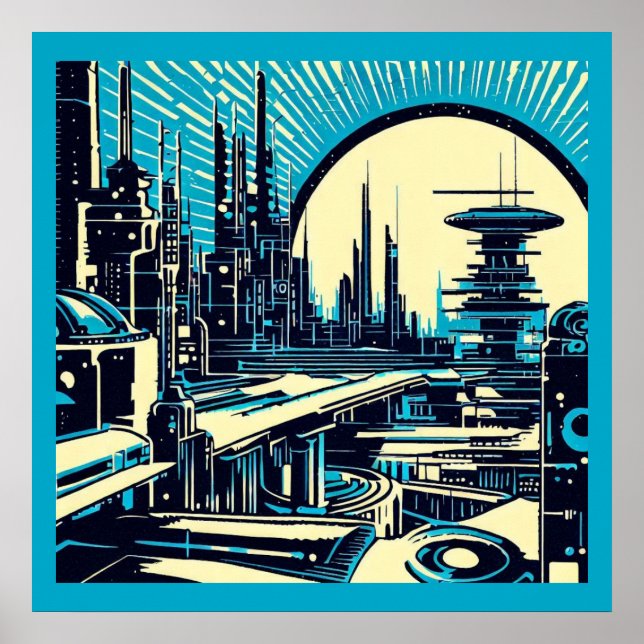 SF Futuristic City Woodcut 3 Poster (Front)