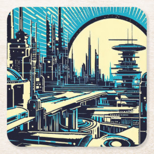 SF Futuristic City Woodcut 3 Square Paper Coaster