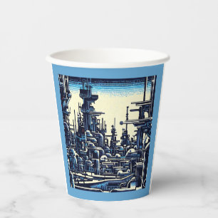 SF Futuristic City Woodcut 4 Paper Cups