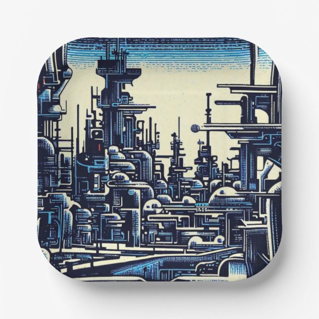 SF Futuristic City Woodcut 4 Paper Plate (Front)