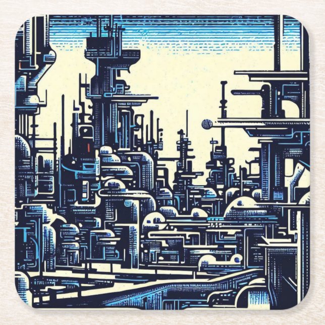SF Futuristic City Woodcut 4 Square Paper Coaster (Front)