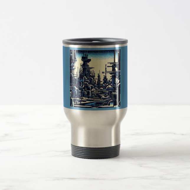 SF Futuristic City Woodcut 4 Travel Mug (Center)