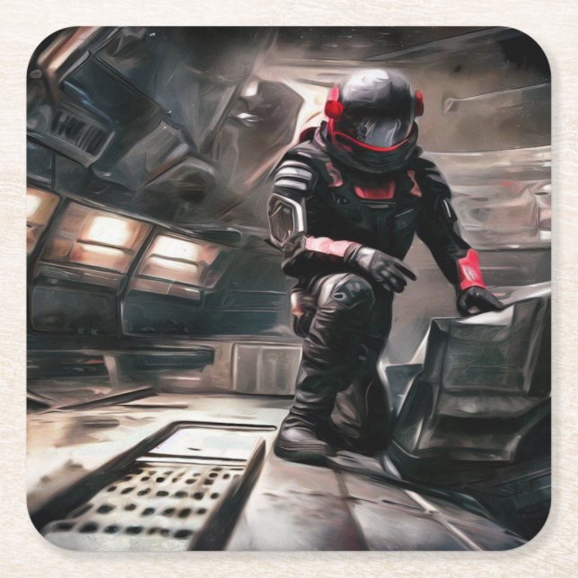 SF Hero Aboard Spaceship 3 Square Paper Coaster (Front)