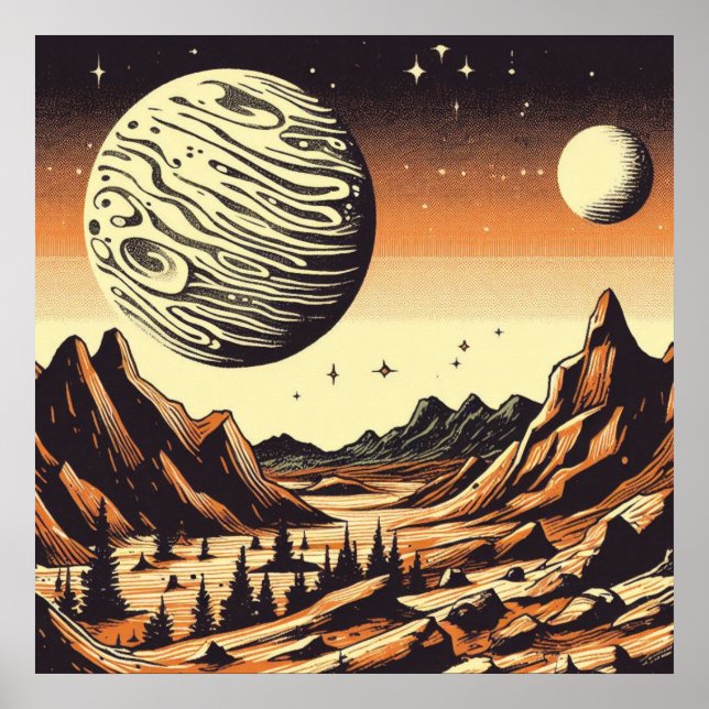 SF Mars Landscape Woodcut 1 Poster (Front)