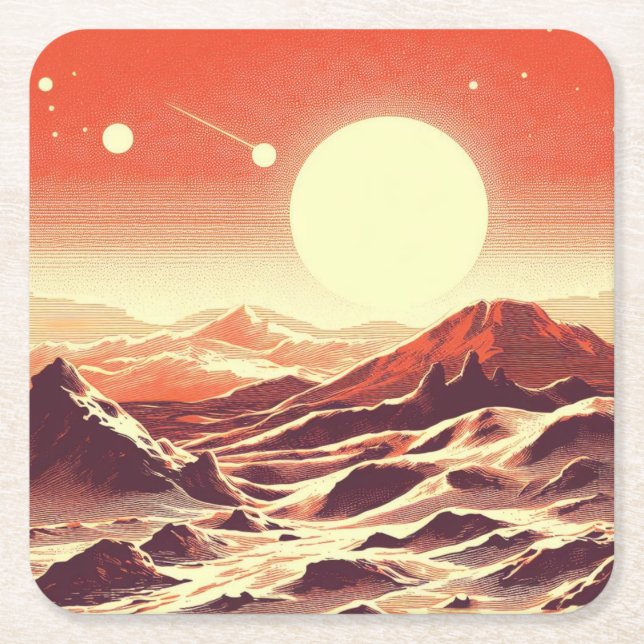 SF Mars Landscape Woodcut 2 Square Paper Coaster (Front)