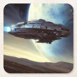 SF Orbiting Spaceship 2 Square Paper Coaster