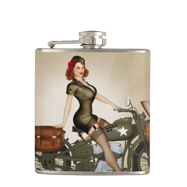 Sgt. Davidson Army Motorcycle Pinup Flask (Front)