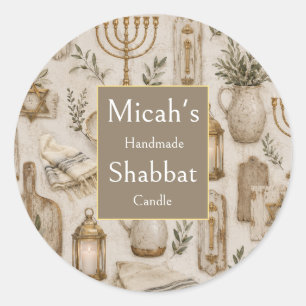 Shabbat Candle Label, Judaica Aesthetic Rustic Art Classic Round Sticker