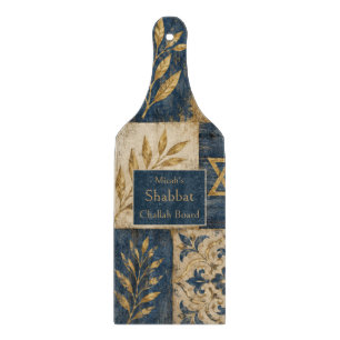Shabbat Challah Board, Blue Gold, Rustic Farmhouse Cutting Board