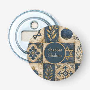 Shabbat Shalom Circular Button Patch, Blue Gold  Bottle Opener