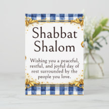 Shabbat Shalom Greeting, Gingham Blue White Gold