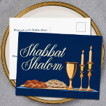 Shabbat Shalom Jewish Dinner Navy Blue Gold Foil Holiday Postcard<br><div class="desc">Shabbat Shalom dinner postcard invitation in beautiful blue with elegant gold foil script above a lovely Shabbat dinner with challah bread,  wine,  and candles. May you have many blessings. Personalise the back with your Jewish supper invite details.</div>