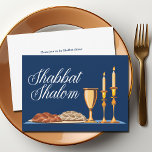 Shabbat Shalom Jewish Family Blue Custom Dinner Invitation<br><div class="desc">Shabbat Shalom dinner invitation in beautiful blue with elegant write script above a lovely Shabbat dinner with challah bread,  wine,  and candles. May you have many blessings. Personalise the back with your Jewish supper invite details.</div>