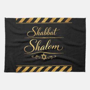 Shabbat Shalom Jewish Judaica Gold Black Luxury Tea Towel
