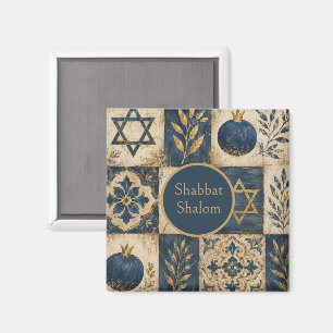 Shabbat Shalom Kitchen Magnet, Navy Blue Gold Magnet