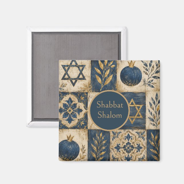 Shabbat Shalom Kitchen Magnet, Navy Blue Gold  Magnet (Front/Back)