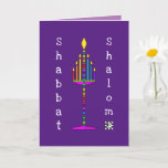 Shabbat Shalom Menorah greeting card<br><div class="desc">This highly colourful and fun menorah is lit and sings out its happy message.  Interior card with date area is bordered and coordinated for your writing pleasure.  Shabbat Shalom!  ~ karyn</div>