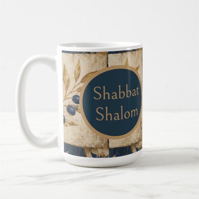 Shabbat Shalom Mug - Blue Gold Judaica Rustic  (Left)