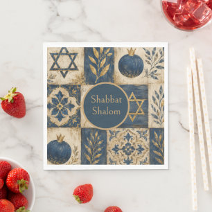 Shabbat Shalom Party Napkin, Blue Gold Watercolor Napkin