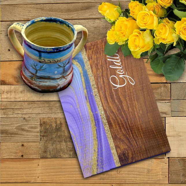 Shabbat Shalom Purple Teal Marble on Wood Effect Tea Towel (Creator Uploaded)