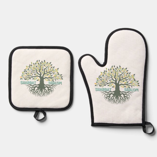 Shabbat Shalom Tree of Life Ez Hachaim Challah Oven Mitt & Pot Holder Set (Front)