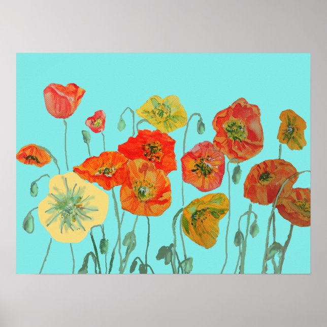 Shabby Aqua Orange Red Watercolor Poppy art Poster (Front)