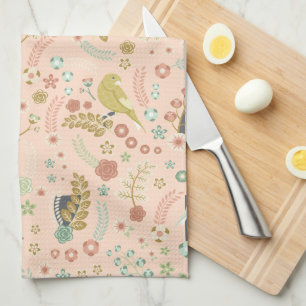 Shabby Birds & Branches Pastel Salmon  Tea Towel